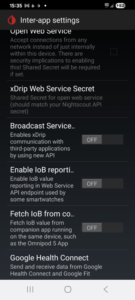 xDrip+ Inter-app settings with Google Health Connect at the bottom