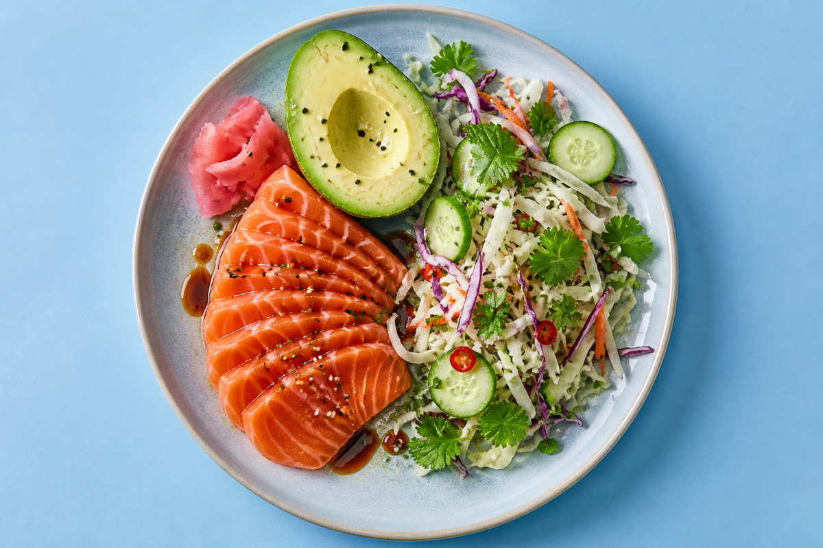 Dinner plate with salmon sashimi, avocado, and salad