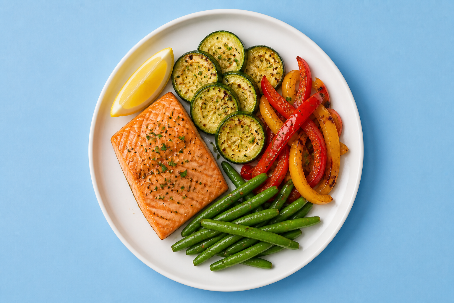Plate with baked salmon, zucchini, bell pepper, and green beans