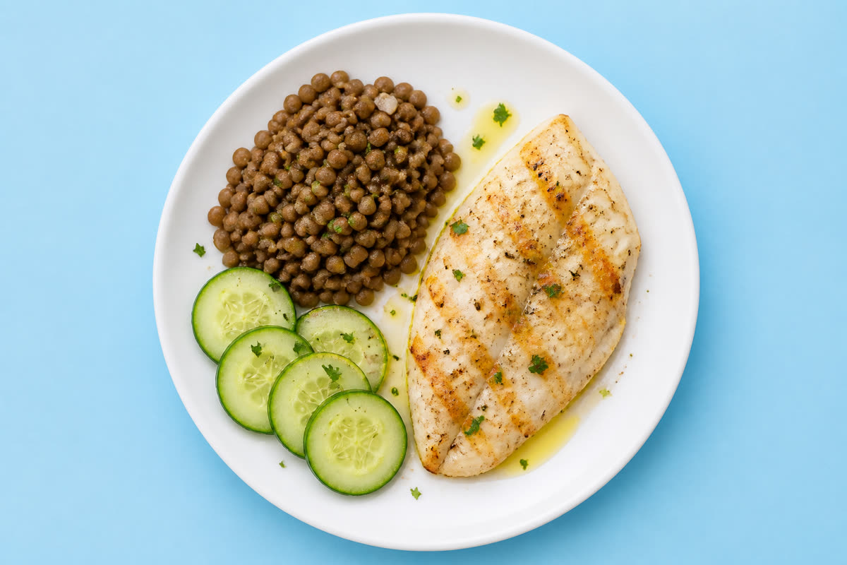 Lunch plate with white fish, lentils, cucumber, and olive oil