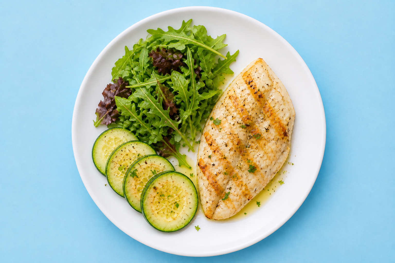 Plate with white fish, zucchini, and green salad