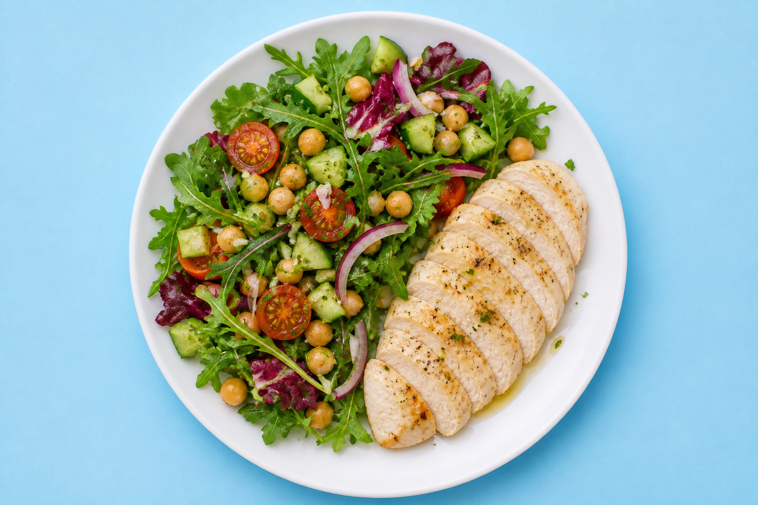 Large salad plate with turkey breast and chickpeas