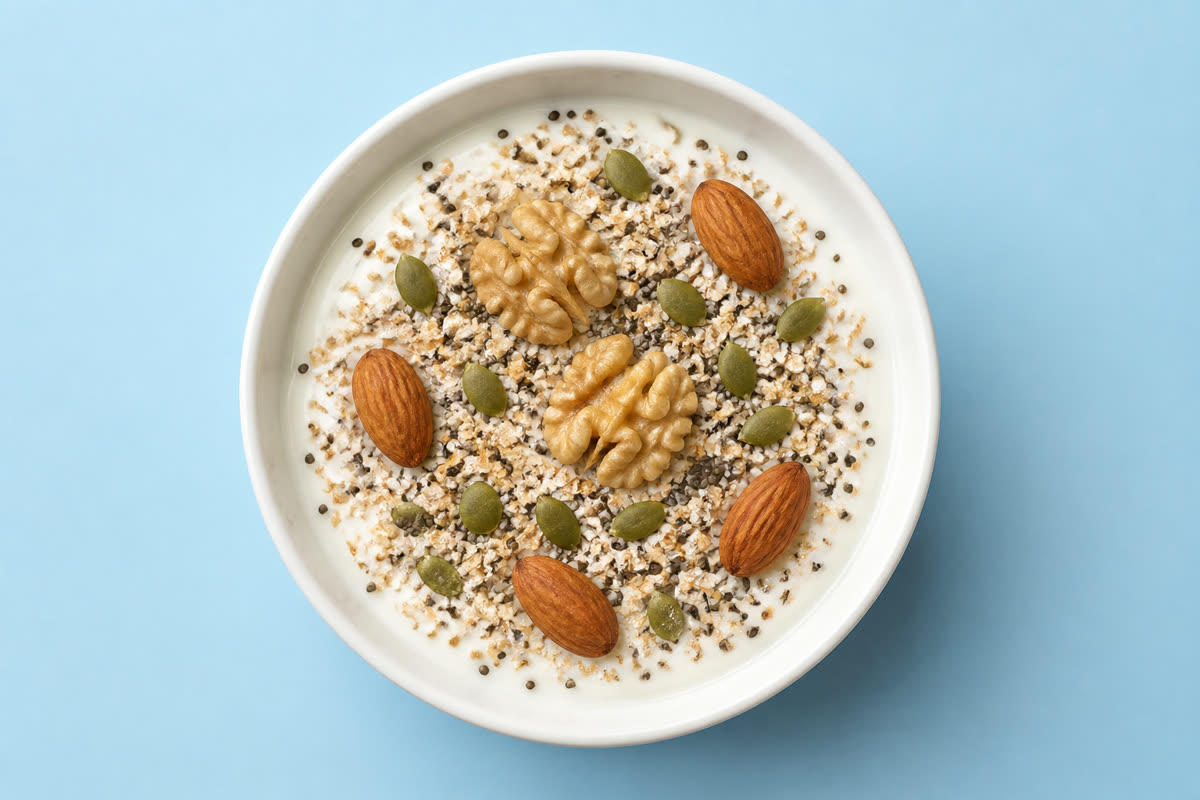 Yogurt bowl with bran, seeds, and nuts — no blueberries